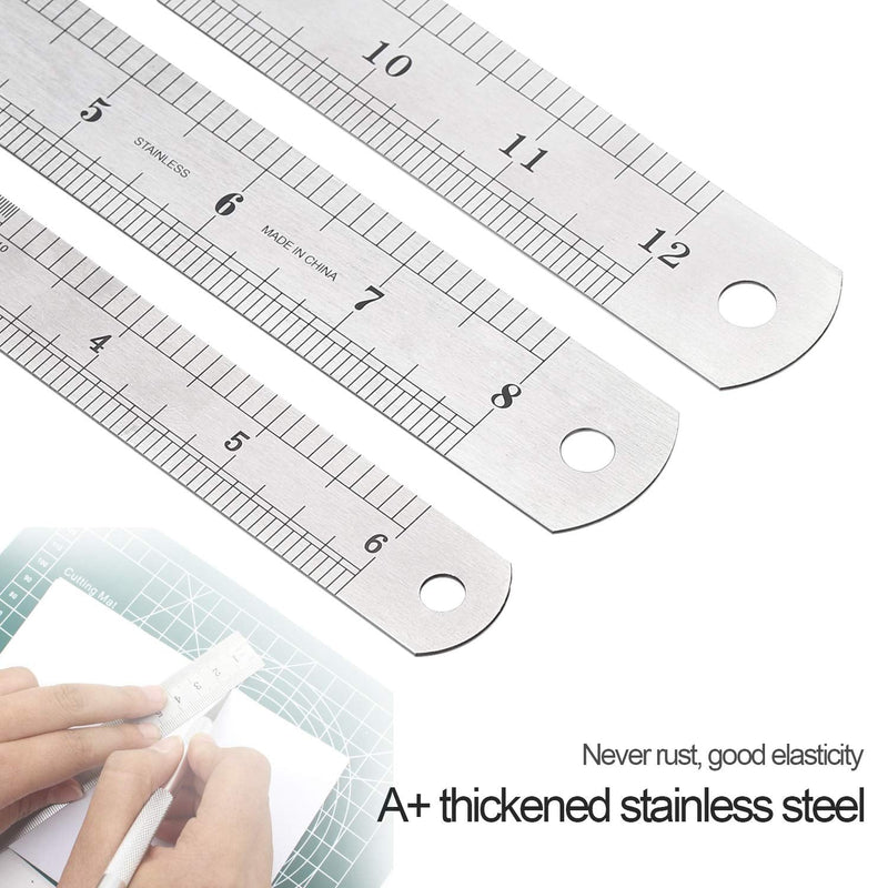 Elisel 3 PCS Stainless Steel Ruler Set with Inch and Metric Graduation, 12 Inch, 8 Inch and 6 Inch(Silvery) Silvery