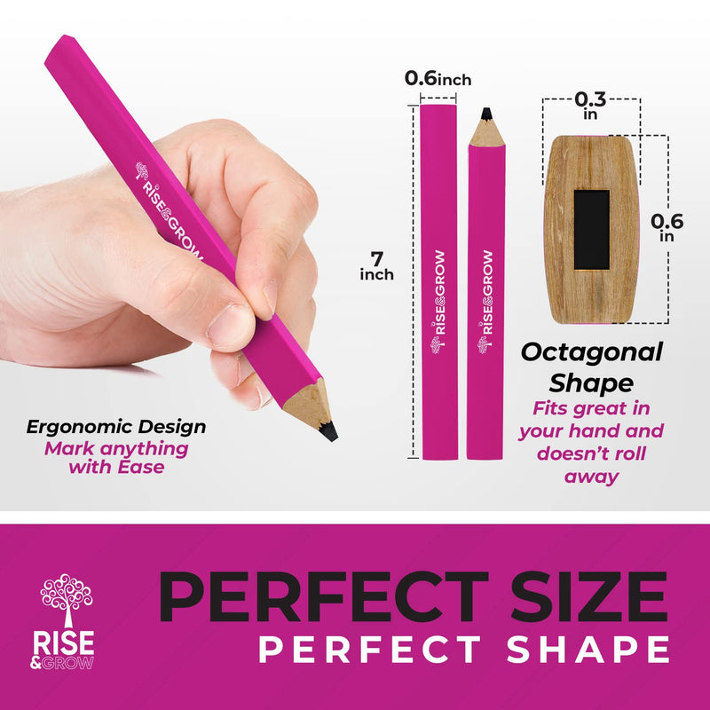 Rise & Grow 50 Set, Neon Pink Carpenters Pencils Bulk 7” – HB Lead Flat Construction Pencils for Men and Women - Woodworking Pencils for Marking Wood, Concrete and Plastic (Pink)