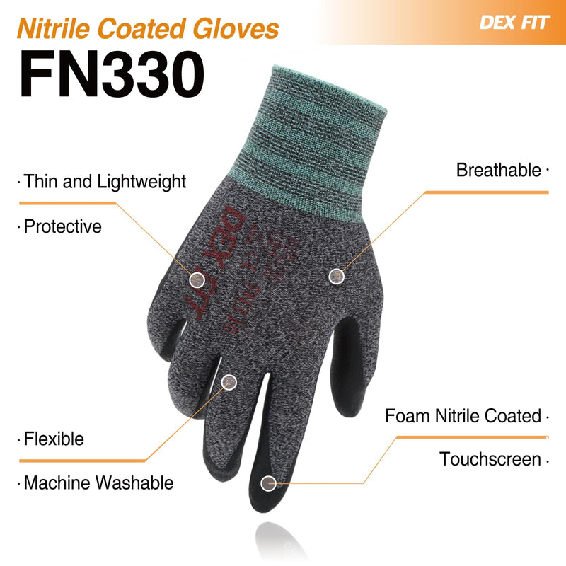 DEX FIT Nitrile Coated Work Gloves FN330-3D-Comfort Stretchy Fit, Firm Grip, Thin & Lightweight, Touchscreen Fingers, Protective & Durable, Breathable, Machine Washable; Black Grey M (8) 1 Pair Medium(1 Pair) Blackgrey