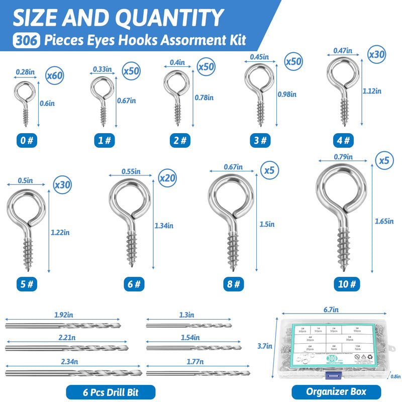 306 PCS Eye Hooks Screws Assortment Kit, (0.6"-1.65") 9 Sizes Nickel Plated for Waterproof and Durability, Metal Eyelet Screws Eye Pins and Eye Bolts Screw in Wood Includes 6PCS Drill Bit Sliver