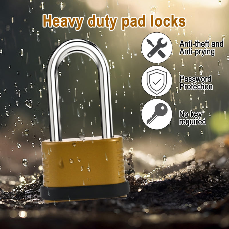 4 Digit Heavy Duty Combination Lock - 105mm Long Shackle Weatherproof Combination Padlock, Outdoor Combo Lock for Storage Units, Gym Lockers, Fence Gates & Shed Doors - Golden (2pcs, Long Shackle) 2pcs Long Shackle