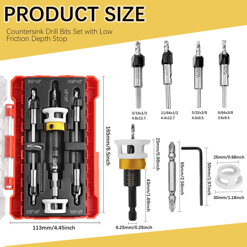 Countersink Drill Bits Set with Low Friction Depth Stop, 1/4" Quick Change Hex Shank Countersink Drill with Replaceable HSS Pilot Drill Bit, Counter Sink Drill Bit for Woodworking