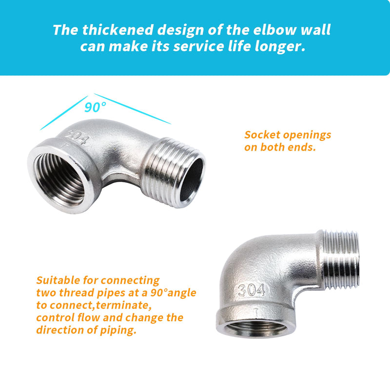 2Pcs 304 Stainless Steel 90 Degree Elbow 3/8" NPT Threaded Pipe Fitting Female x Male 3/8" MNPT × 3/8" FNPT
