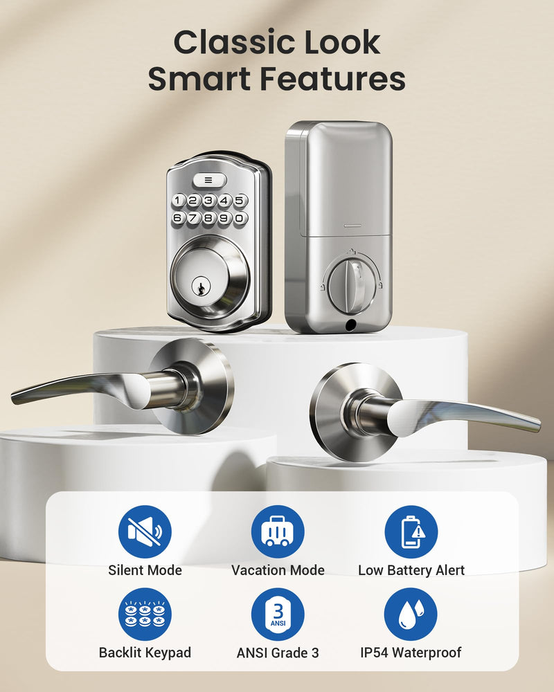 Veise Keyless Entry Door Lock with 2 Lever Handles - Electronic Keypad Deadbolt, Easy Installation Digital Smart Front Door Lock Set, Satin Nickel Door Lever