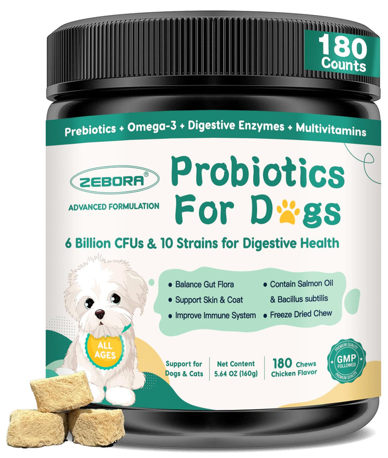 Probiotics for Dogs, Dog Probiotics with Digestive Enzymes, Prebiotics, Omega-3 & 6 and Vitamin for Dogs Digestive Health, 6 Billion CFUs for Gut Health and Immune Support, 180 Freeze-Dried Chews 180 counts