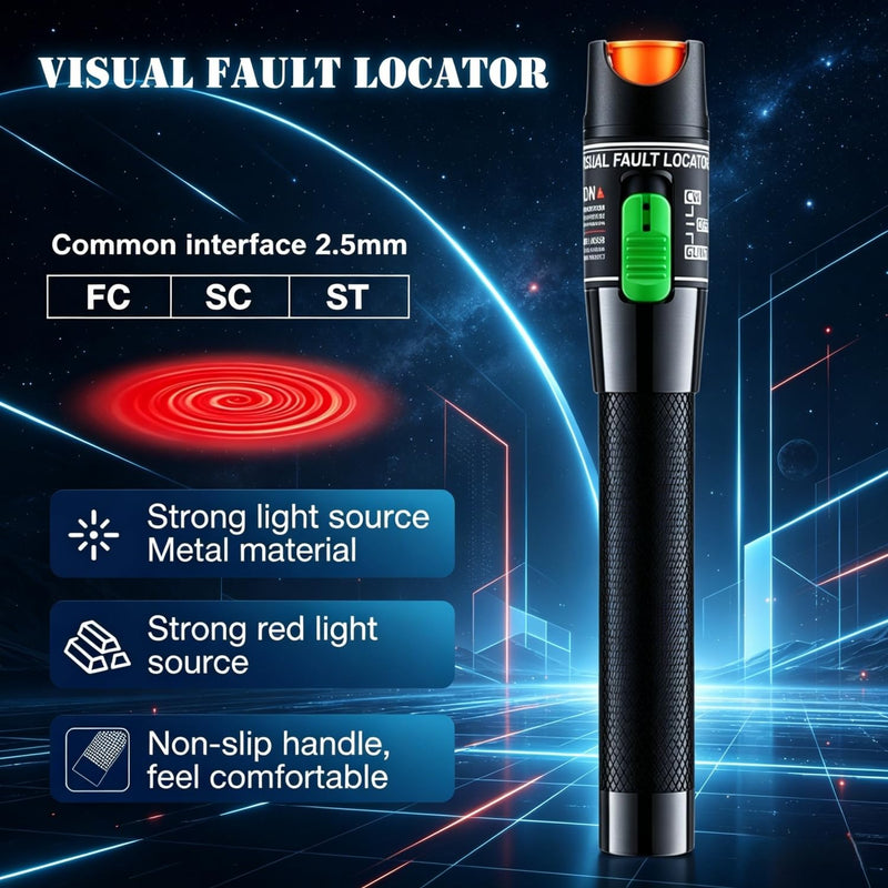 Visual Fault Locator, Fiber Optic Cable Tester Pen, VFL Red Light Tool with FC to LC Adapter & 2.5mm Universal Connector (Black, 30 KM) Black