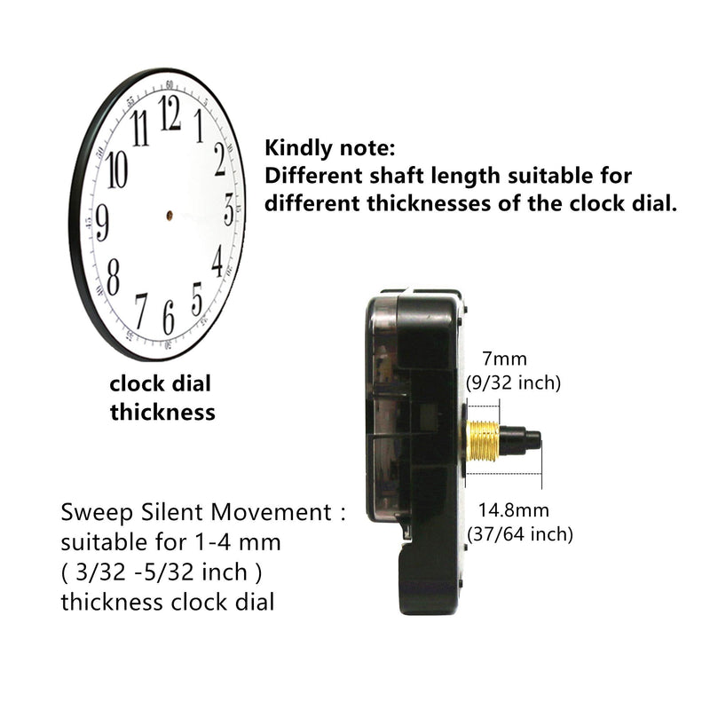 TIKROUND 12888 Sweep Silent Clock Movement Mechanism with 2 Sets Small Hands 13.5mm (17/32 inch) Shaft Length 5.5mm (7/32 inch) Thread Length. 17/32 inch total shaft length