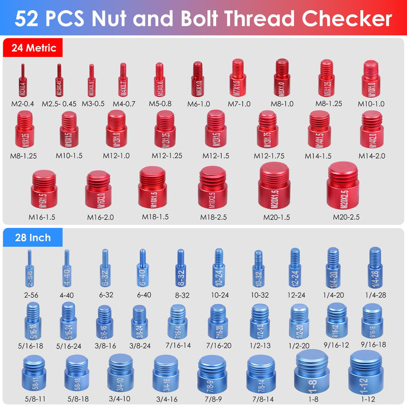 52-Piece Nut and Bolt Thread Checker + Thread Gauge Set, 28 SAE (Blue) and 24 Metric (Red) with 58-Blade Pitch Gauge, Portable Bolt Size Finder for Tight Spaces, Mechanics Repairs, and DIY Projects