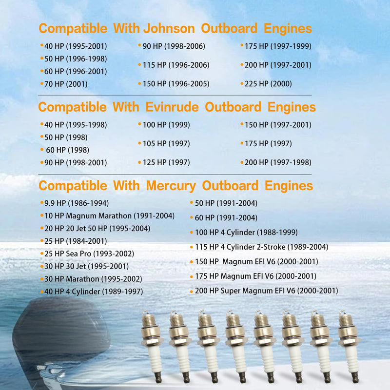 8PCS Iridium Spark Plugs Fit for Johnson Evinrude Mercury Marine Outboard Engines, Replacement for QL78YC, 938M