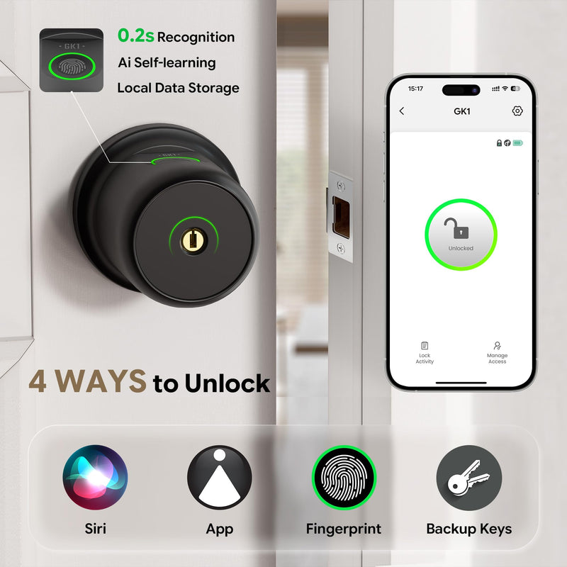 ThorBolt GK1 Smart HomeKit Fingerprint Door Knob (w/o Keypad), Black ABlack