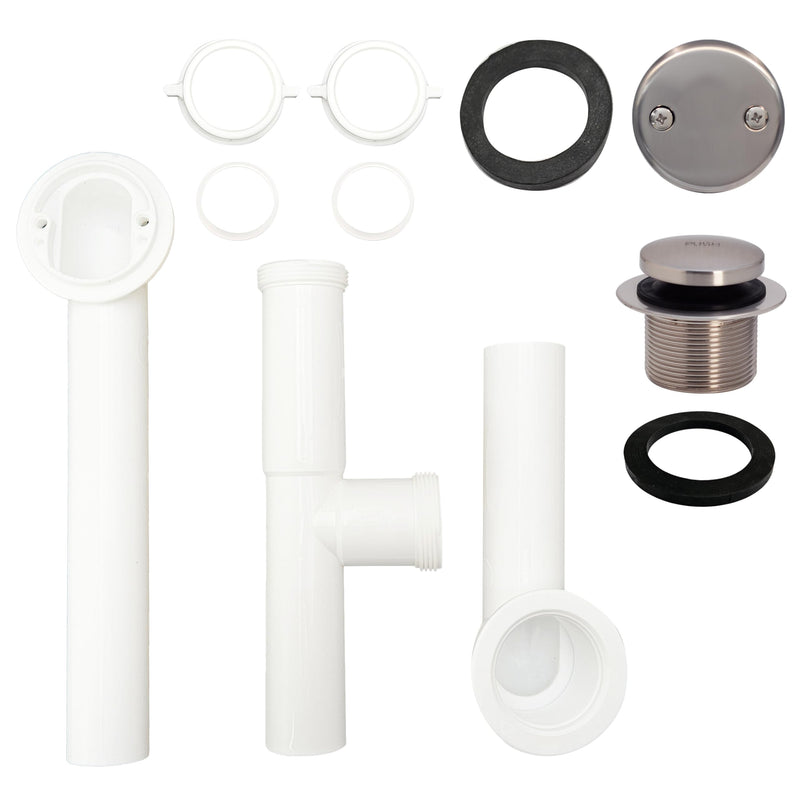 Westbrass A593244-07 14" x 1-1/2" White Tubular Bathtub Waste & Overflow Assembly with Tip-Toe Drain Plug and 2-Hole Faceplate, Satin Nickel 1 Pack