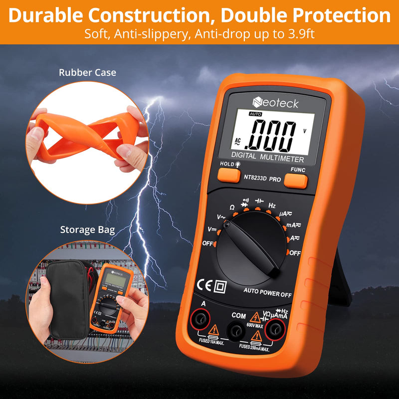 Neoteck Auto Ranging Digital Multimeter AC/DC Voltage Current Ohm Capacitance Frequency Diode Transistor Audible Continuity, Multi Tester with Backlit LCD Orange