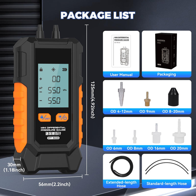 Manometer Gas Pressure Tester -101 to 200KPa Mini Dual-Port Digital Manometer HVAC with 6 Measurement Units(PSI/kPa/mbar/bar/inHg/mmHg) Manometer Lp Gas Pressure Tester Auto Calibration Monometer 2.2in×1.2in×4.9in