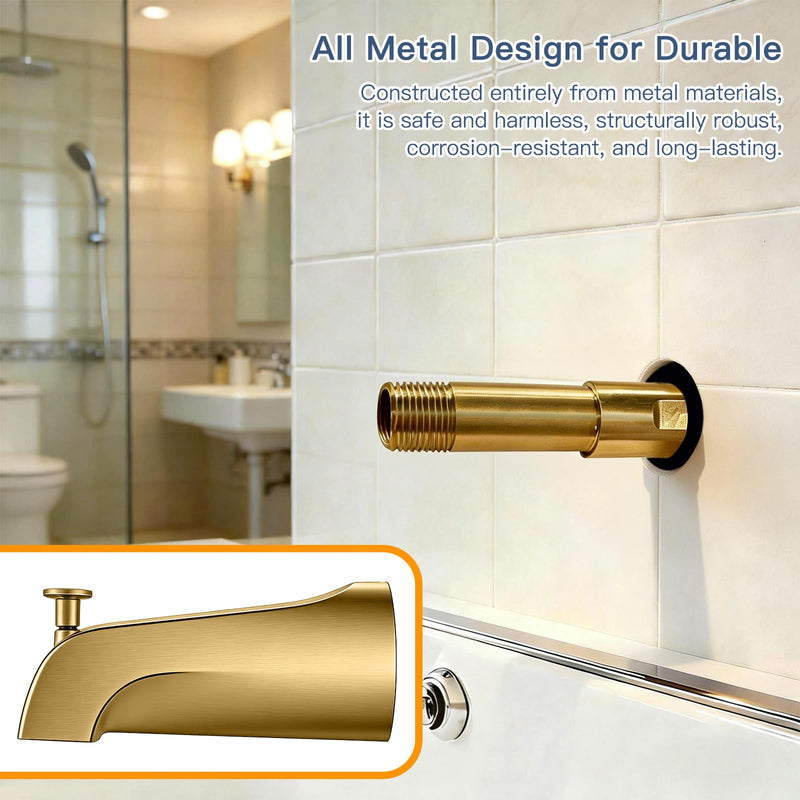 Tub Spout with Diverter, Heavy Duty All Metal Bathtub Faucet with Brass,Shower Slip-on Bathtub Faucet for 1/2 Inch Copper Pipe,5-3/8 Inch Bath Tub Faucet Replacement,Brushed Gold Brushed Gold