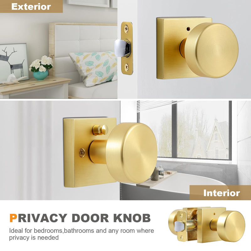Privacy Gold Door Knobs Interior, Satin Brass Door Knobs Interior with Lock, Heavy Duty Modern Square Brushed Gold Door Handle for Bedroom Bathroom Privacy