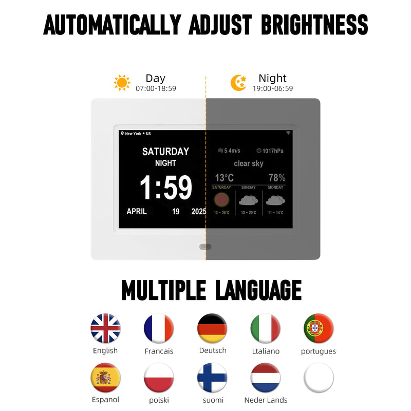Digital Alarm Clock, Multiple Alarm Functions, Clock with Date and Week, Digital Alarm and Electronic Calendar for Seniors (White, 7inch WiFi) White