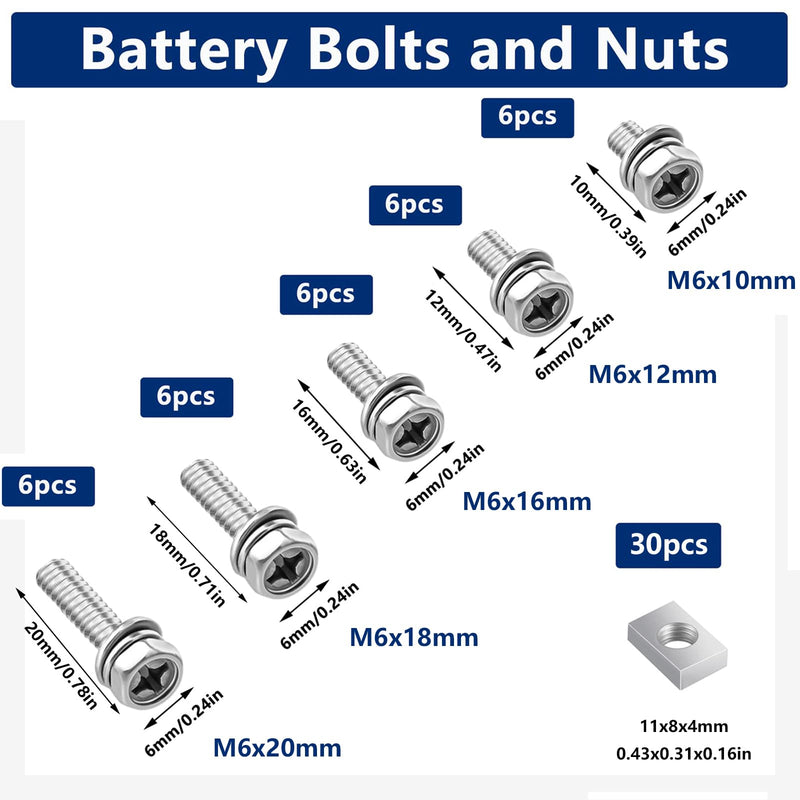smseace 60Pack 304 Stainless Steel Battery Bolts and Nuts 5-Sizes M6x10/12/16/18/20mm ATV Battery Bolt Motorcycle Battery Terminal Screws with Square Nuts for ATV Battery Bolts and Nuts Square