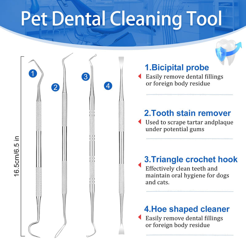 4 Pack Stainless Steel Pet Dental Tools for Dogs and Cats, Professional Tartar Remover Scraper Kit for Teeth Cleaning, Plaque and Calculus Control, Oral Care Hygiene for Home or Vet Use