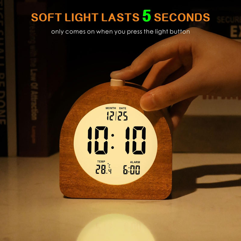 Plumeet Wooden Digital Alarm Clock for Bedrooms, Wood 4'' Battery Powered Alarm Clock with Snooze and Nightlight, Electronic LCD Desk Clock Display Time, Date, Temp, 12/24H, Wood Décor, Round, Sapele Semicircle 4.2''