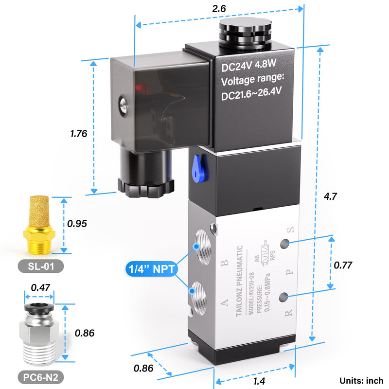 TAILONZ PNEUMATIC 1/4"NPT Solenoid Valve 4V210-08 DC24V Single Coil Pilot-Operated Electric 2 Position 5 Way Connection Type Junction Box 1/4"NPT/DC24V/Junction Box