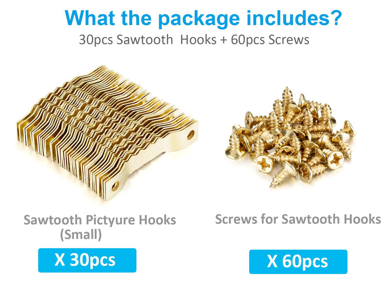YHYZ Sawtooth Picture Hangers Bulk (Small ), 30pcs Gold Sawtooth Hangers / Hooks with 60pcs Screws, for Picture Frame Painting Photos Artwork Clock Home Decoration (30 Sets, Small) GD-30