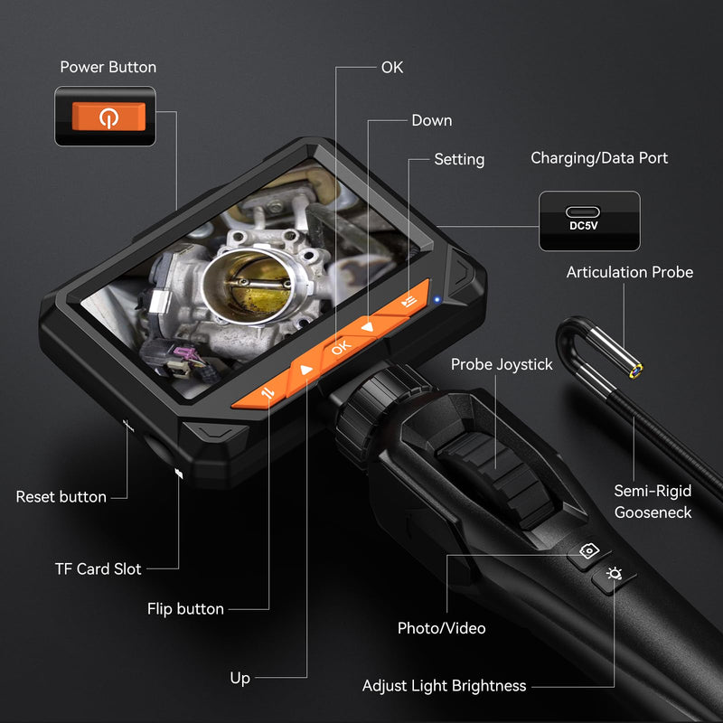 Two-Way Articulating Borescope, Endoscope Camera with Light, 1080P Industrial Inspection Camera with 4.3" Screen, 5FT Flexible Snake IP67 Waterproof Scope for Automotive, Wall, HVAC & Mechanics