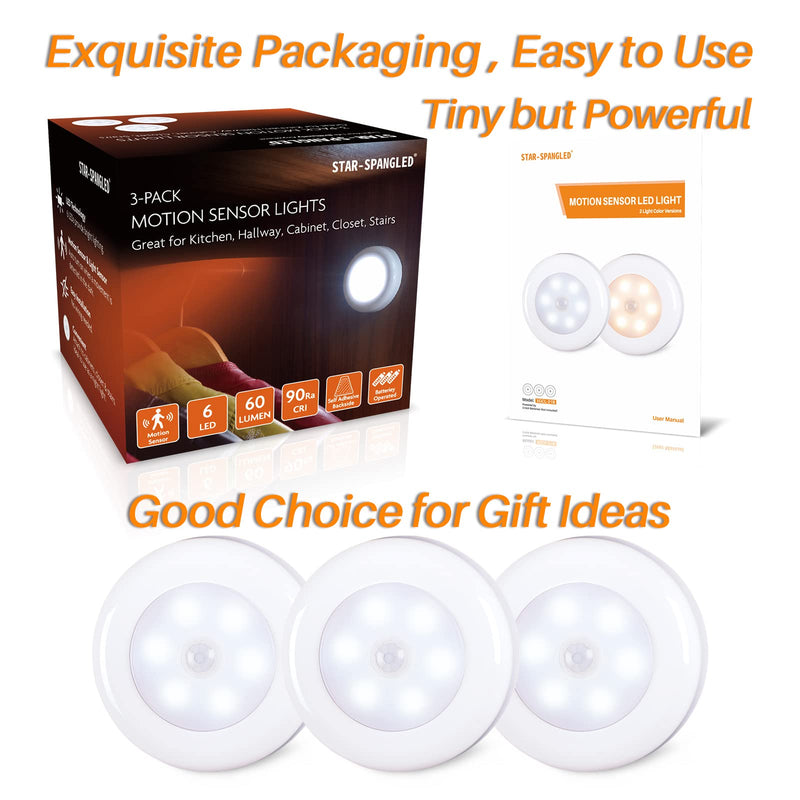 STAR-SPANGLED 3 Pack 2.8” Motion Sensor Lights Indoor AAA Battery Operated, Stick on LED Puck Light for Stairs, Under Cabinet, Closet, Cool White 2.8 inch, AAA Battery Operated