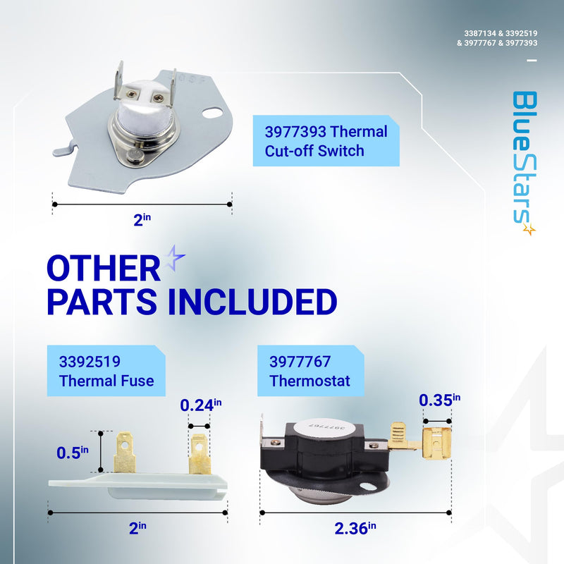 BlueStars [LIFETIME WARRANTY] 3387134 Cycling Thermostat 3392519 Dryer Thermal Fuse 3977393 Thermal Cut-off Switch 3977767 High-limit Thermostat Kit - Fit Whirlpool Kenmore Maytag Dryers Pack of 1