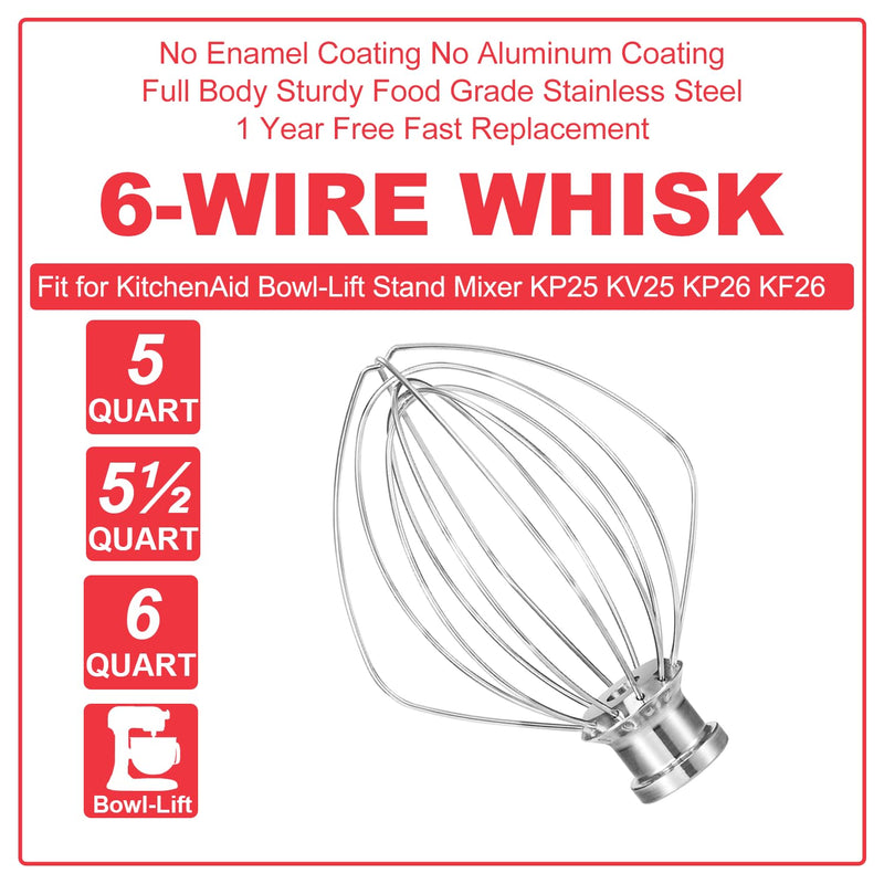 KN256 Stainless Steel Wire Whip for Bowl-Lift Mixer 6 Quart Bowl, 6 Wire Whisk Fits for Professional 600, KP26M1X,KD2661X,KP2671X,Pro 6500,Heavy Duty, Dishwasher Safe, Balloon Whisk KV25 KP25 KP26 KL26 KT26 KSM55/60 KSM6521