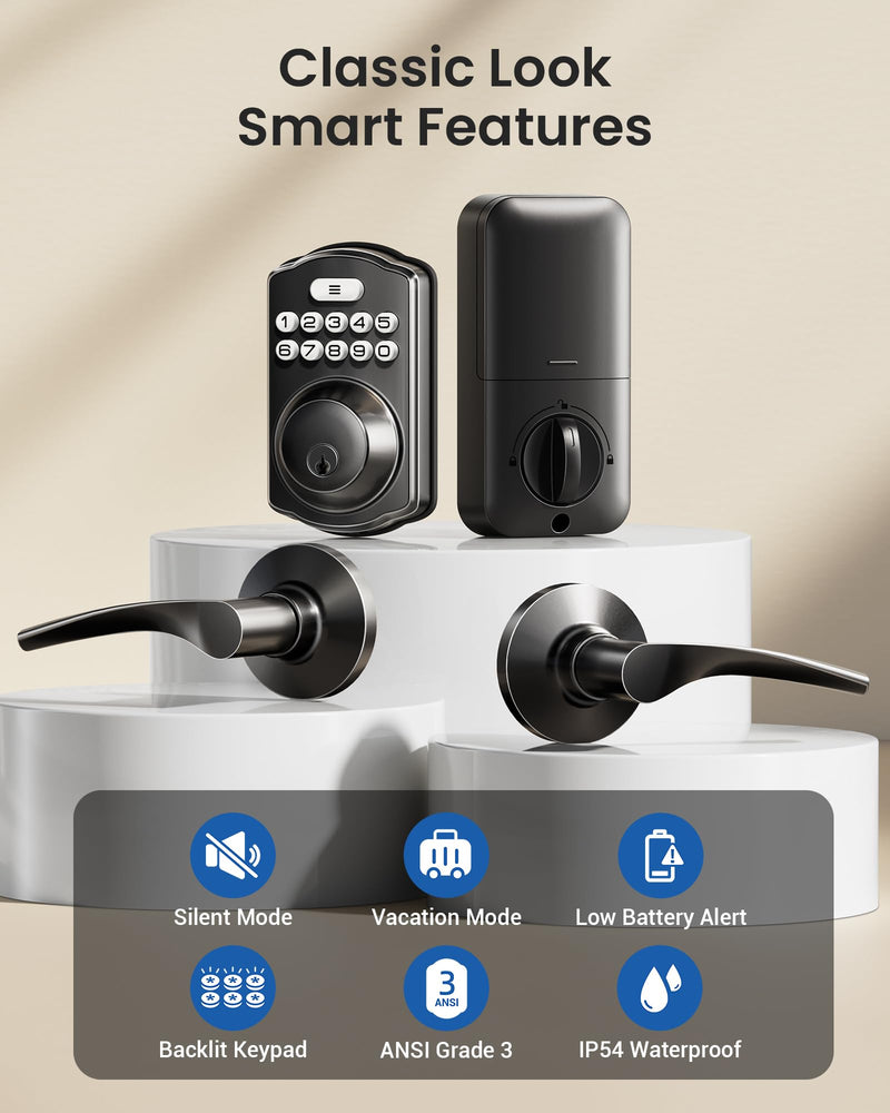 Veise Keyless Entry Door Lock with 2 Lever Handles - Electronic Keypad Deadbolt, Easy Installation Digital Smart Front Door Lock Set, Matte Black Door Lever