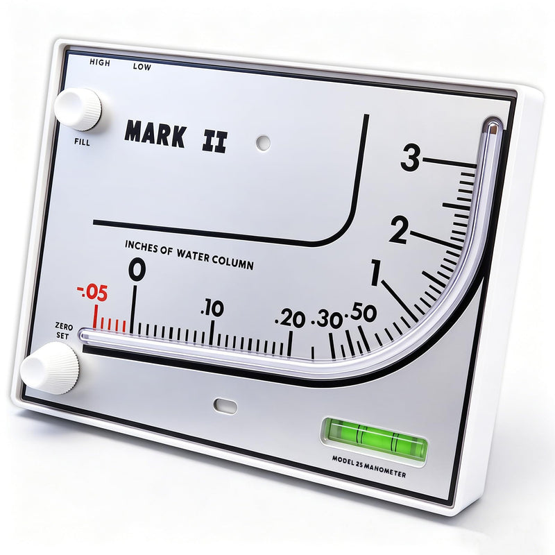 Mark II 25 Liquid Filled Manometer, 3" wc, 3% Accuracy for Pressure Testing | Ideal for furnace, duct, filter and gas pressure checks. Compatible with Dwyer
