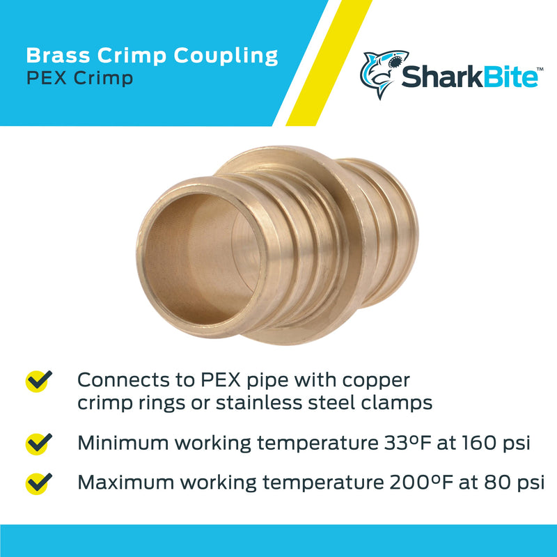 SharkBite 3/4 Inch Crimp Coupling, Pack of 25, Brass Plumbing Fitting, PEX Pipe, PE-RT, UC016LF 3/4 in., 25 pack