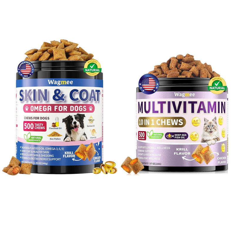 Cat Multivitamin with Fish Oil, 500 Crunchy & Creamy Chews Omega 3 for Dogs, 500 Chews Skin & Coat Supplement for Dog