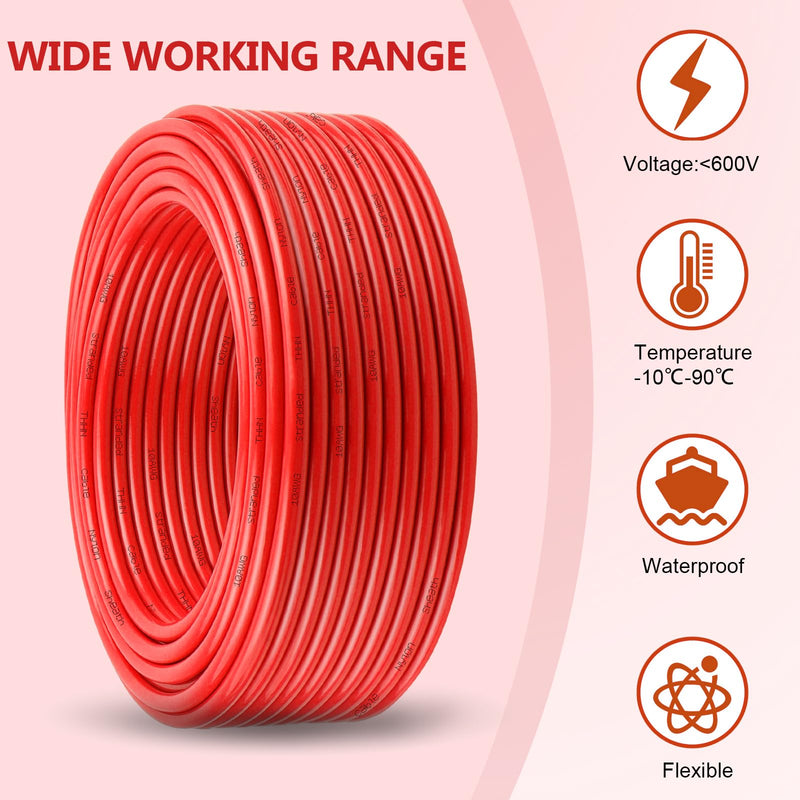 THHN Wire 10 Gauge 25 FT, 10 AWG Stranded OFC Copper Electrical Building Wire with Nylon Jacket PVC Insulation, Rated 600V for Residential, Industrial, CNC, Ground (10 Gauge, Red) 10 AWG 25FT
