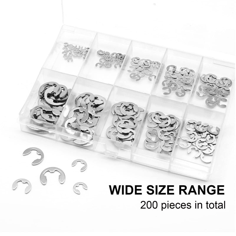 QTEATAK 200-Pcs 10-Size Stainless E-Clip Circlip External Retaining Ring Assortment Set - 304 Stainless Steel(1.5mm 2mm 2.5mm 3mm 3.5mm 4mm 5mm 6mm 7mm 8mm)