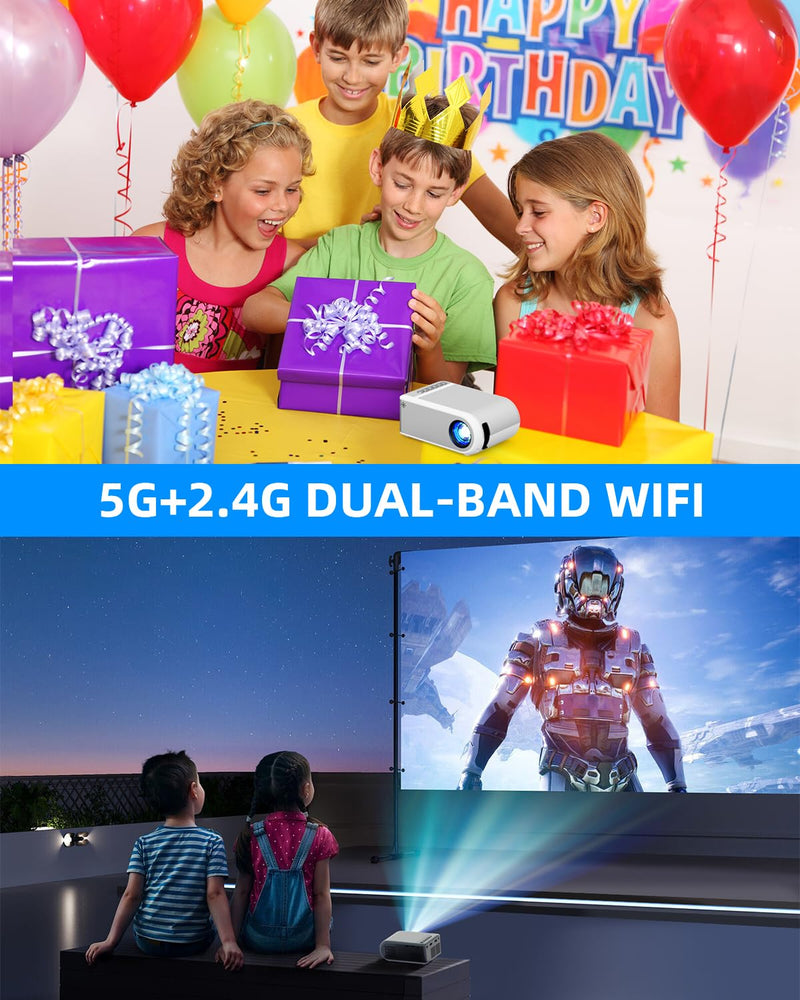 Mini Projector with WiFi and Bluetooth, Outdoor Portable Mini Projector for iPhone Supports 1080P with Built-in Speaker, Movie Projector for Home Theater Compatible with iOS/Android/PC/TV Stick/HDMI