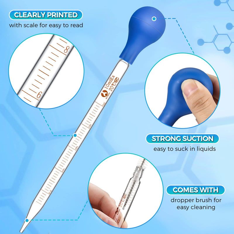 Weewooday Glass Droppers Pipettes Graduated Lab Dropper Glass Liquid Pipette with Big Rubber Hats 20 cm Glass Stir Rod Washing Brush Transfer for Liquid Essential Oil(16 Pieces,Blue,5 Ml, 10 ml) 5 ml, 10 ml Blue 16