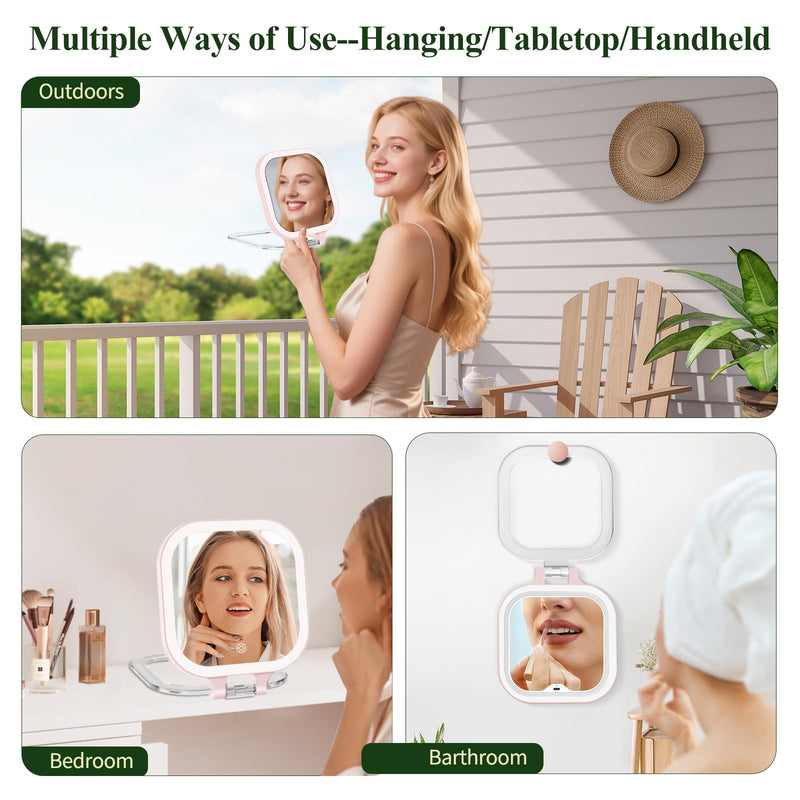 FUNTOUCH 30X Travel Magnifying Mirror with Light, 7" Rechargeable Double Sided Travel Vanity Mirror with Lights, 3 Color Lights & Adjustable Brightness, 300°Rotation, Gift for Women,Pink 7" Pink