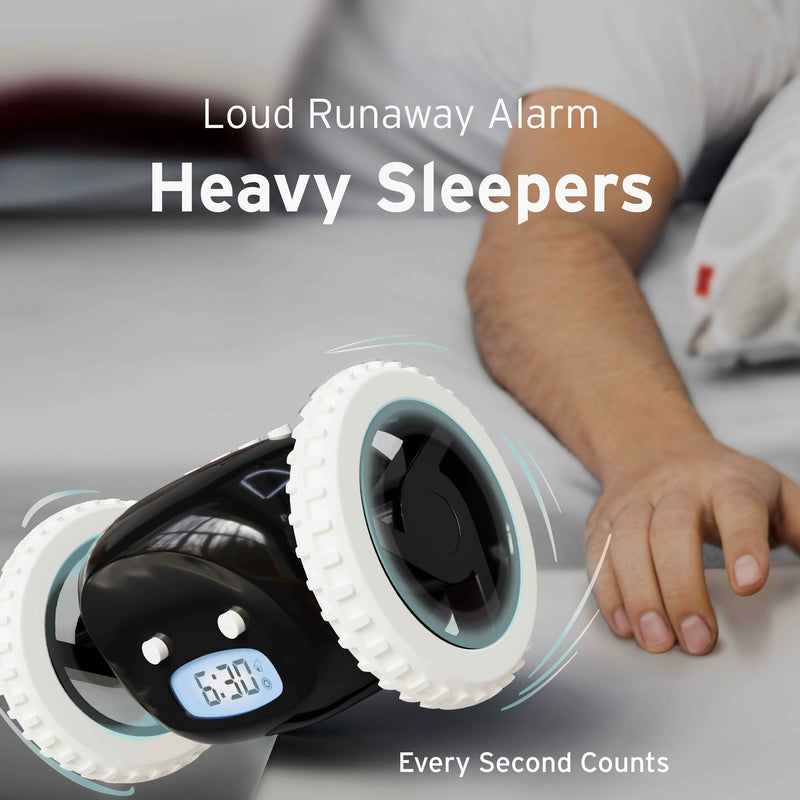 CLOCKY Alarm Clock on Wheels – Loud Rolling Alarm Clock for Heavy Sleepers | Runaway Clock that Jumps & Runs to Wake You Up | Funny Unique Gift for Adults, Teens & Kids Bedrooms (Black) Black