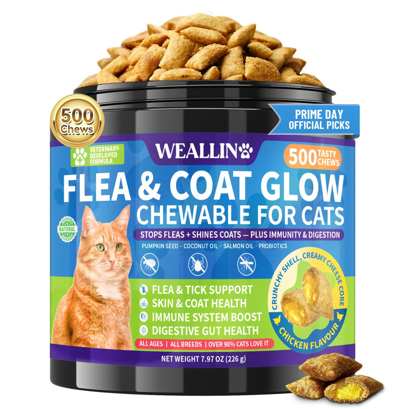 Flea and Tick Prevention for Cats - 500 Crunchy & Creamy Chews, Cat Flea Treatment with Skin & Coat Support, Oral Natural Flea Chewables for Gut & Immunity Support for All Breeds & Ages Chicken Flavor
