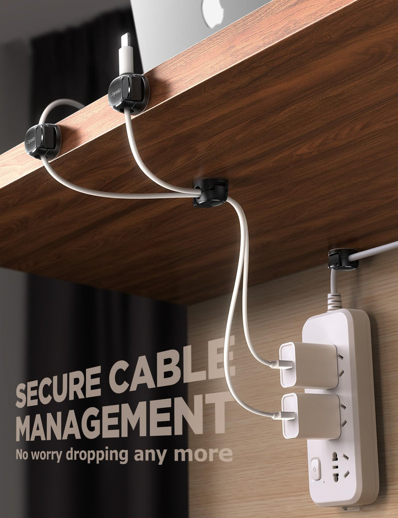 8Pack Cord Organizer [Dual Spring & Clasp, Max Secure] Cable Clips - Chfeila Cord Holder, Desk Cable Management, Adhesive Phone Charging Wire Holder for Nightstand/Car/Wall, Office Accessory - Black