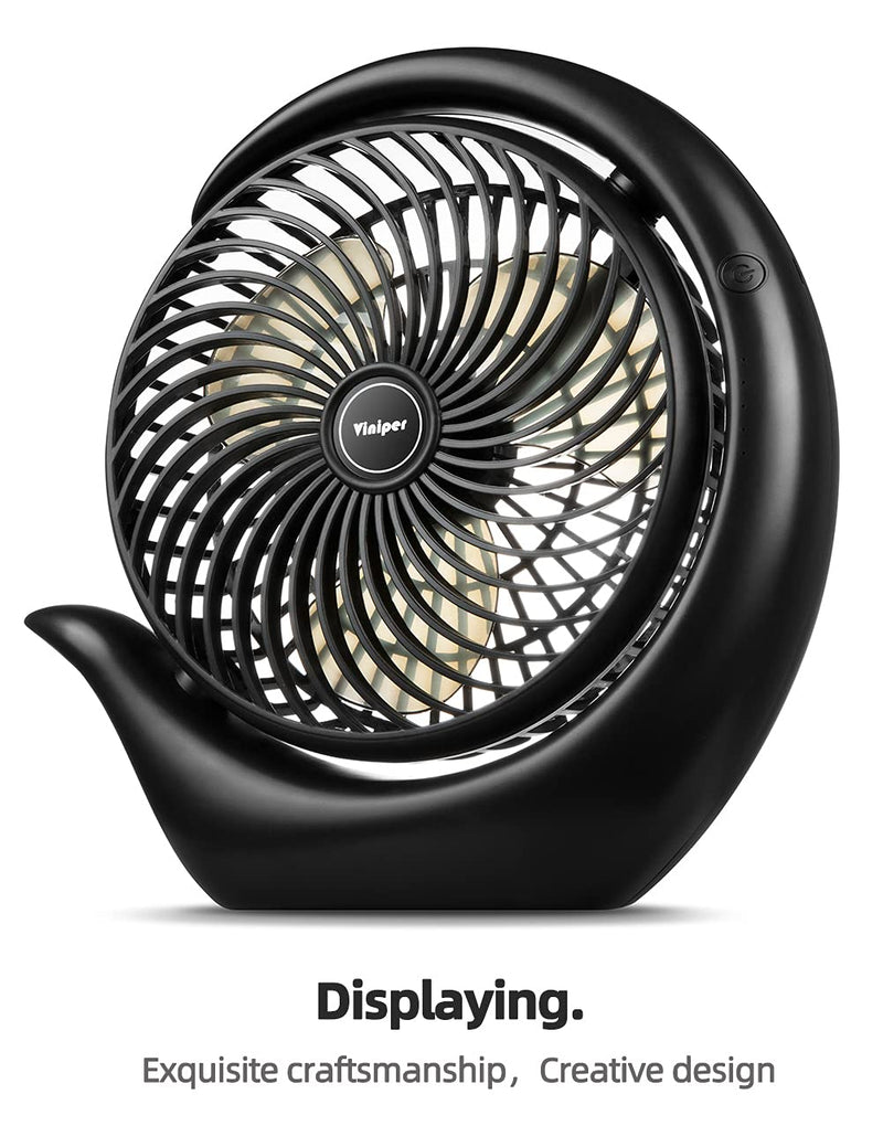 Viniper 8.7 inch Portable Rechargeable Fan, Small Table Fan : 180 Rotation and 3 Speeds Strong Wind Quiet Desk Fan, Long Working Hours for Home Outdoor (Black, Light Black Blade)