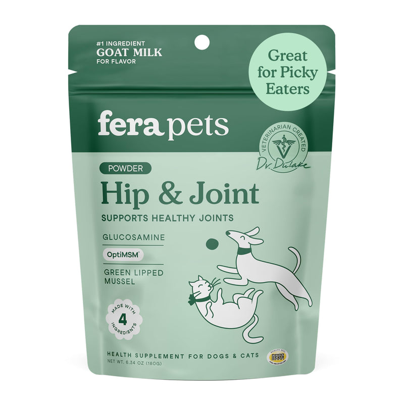 Fera Pets Goat Milk - Cat & Dog Hip and Joint Support with Glucosamine, MSM & Green Lipped Mussel - Supports Flexibility, Mobility & Bone Health - for Picky Eaters - 60 TSP Hip & Joint