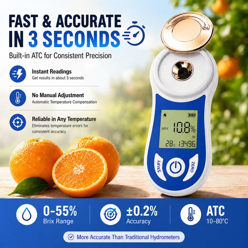Digital Brix Refractometer 0-55% with ATC, ±0.15% Accuracy, 3-Second Results, Rechargeable Sugar Content Tester for Fruits, Juice, Home Brewing, Wine, Coffee