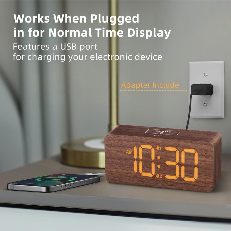 uscce Wooden Digital Alarm Clocks for Bedrooms: Dimmable Dual Alarm Clock with Large Numbers for Bedside Desk - Loud Alarm for Heavy Sleepers with Volume Control - Wood Decor & Gifts Brown - Amber Digits (Plug-in)