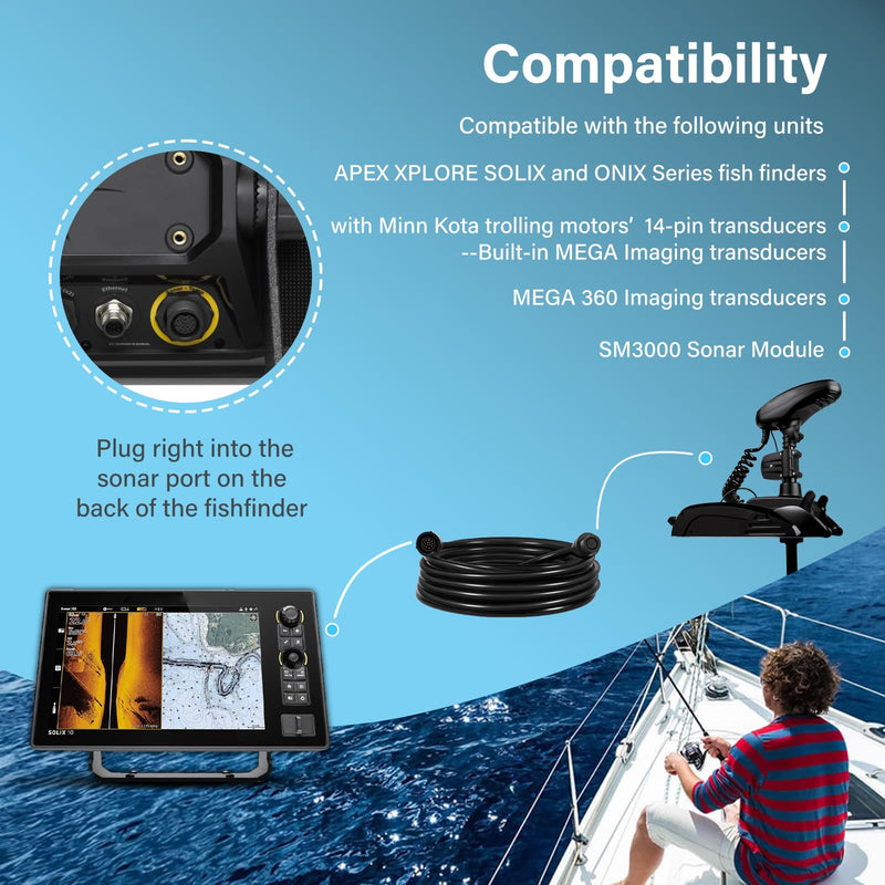 720106-2 EC M3 14W30 Transducer Extension Cable 14-pin Fit for Humminbird APEX XPLORE SOLIX and Onix Series Fish Finder Compatible with Built-in MEGA Imaging (30 Feet) 30 Feet