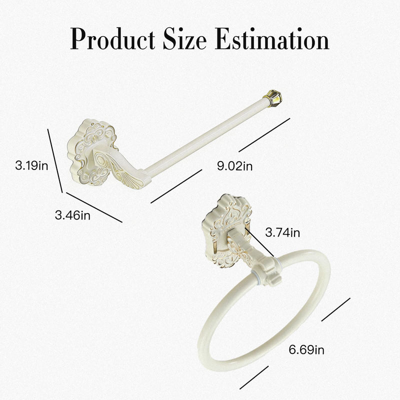 2 Pcs Antique White Toilet Paper Holder Towel Ring, Towel Rings for Bathroom Wall Wall Mount Sturdy Punch-Install Retro Vintage Bathroom Hardware