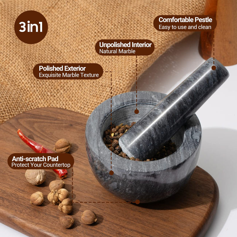 Tera Mortar and Pestle Set Natural Marble Grinder Spice Herb Grinder Pill Crusher Black 3.9in CY0271