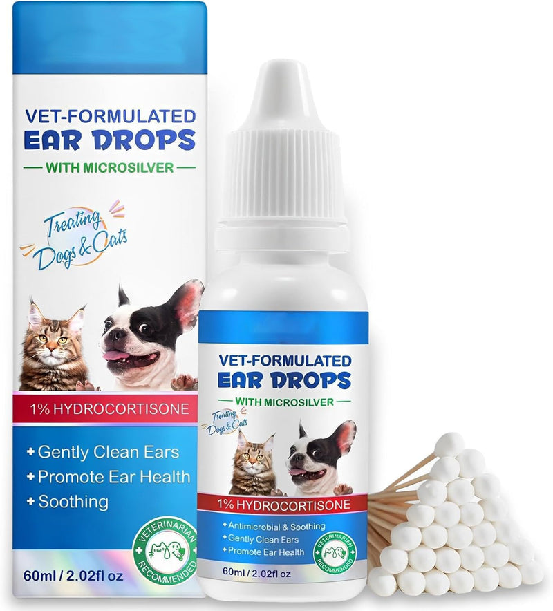 Redshine Ear Drops for Cats & Dogs-Dog Ear Infection Medication-Ear Mites Treatment-Dog Yeast Soothing Cleansing with 1% Hydrocortisone-Clean Pet Earwax-Mild and Effective (60ml+30 Cotton Swabs) 60ml+30 Cotton Swabs