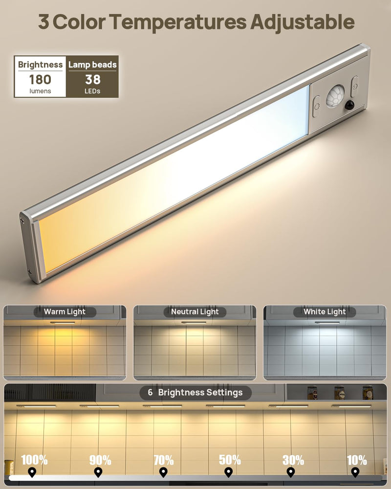Under Cabinet Lights with Remote Control, USB Rechargeable Battery 180 Lumen Motion Sensor Indoor Light,5 Pack Wireless Under Counter Light,3 Color Dimmable Closet Lighting for Kitchen,Stairs,Wardrobe White 5 Pack